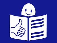 Ikona tekst łatwy do czytania - Osoba z otwartą książką i ręka z podniesionym kciukiem "OK"